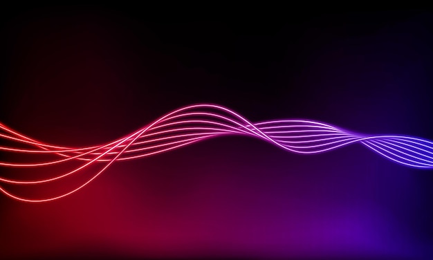 Abstrakter, farbenfroher Neonwellenverlauf mit leuchtender Linie auf dunklem Hintergrund. Futuristischer Hintergrund
