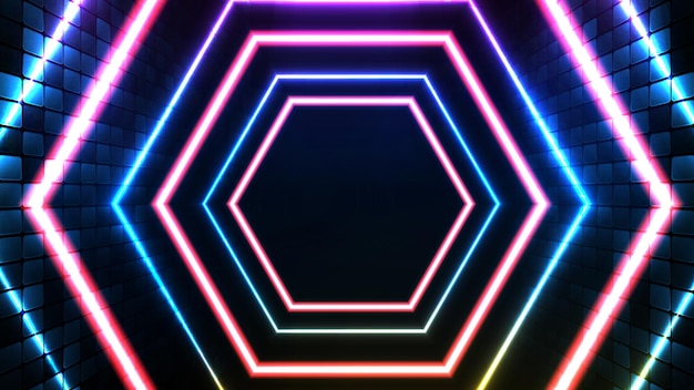 Abstrakter futuristischer Hintergrund aus blauem Neon leuchtender Hexagonform und Beleuchtungs-Spotlgicht-Bühnenhintergrund