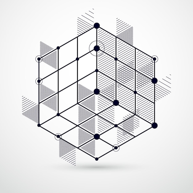 Vektor abstrakter geometrischer vektorschwarzweiss-hintergrund mit würfeln und anderen elementen. komposition aus würfeln, sechsecken, quadraten, rechtecken und abstrakten elementen. perfekter hintergrund für ihre designs