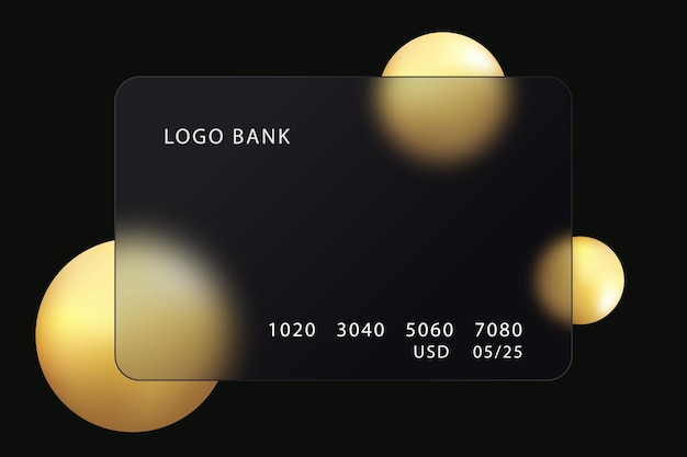 Abstrakter Glasmorphismus-Hintergrund Dunkle transparente Bankkarte mit goldenen Kugeln auf schwarzem Hintergrund