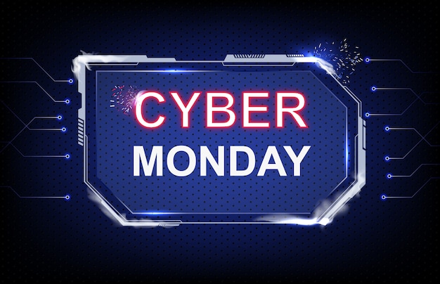 Abstrakter hintergrund cyber monday sale mit futuristischem hud-science-fiction und verbindungslinie