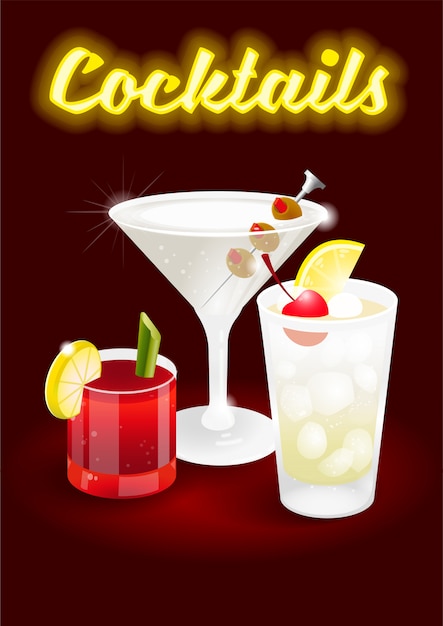 Vektor abstrakter hintergrund der dunklen kirsche mit frischem eis gefrorener alkoholischer cocktails bloody mary tom collins trockene martini-werbung für business bar restaurant party beach club moderne illustration