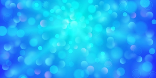 Vektor abstrakter hintergrund in blauen farben mit divergierenden lichtstrahlen und kleinen durchscheinenden kreisen mit bokeh-effekt