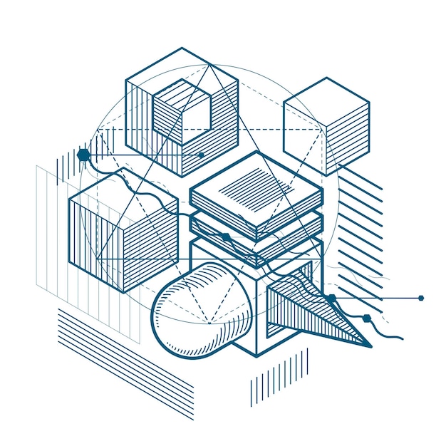 Vektor abstrakter hintergrund mit isometrischen elementen, lineare vektorkunst mit linien und formen. würfel, sechsecke, quadrate, rechtecke und verschiedene abstrakte elemente.