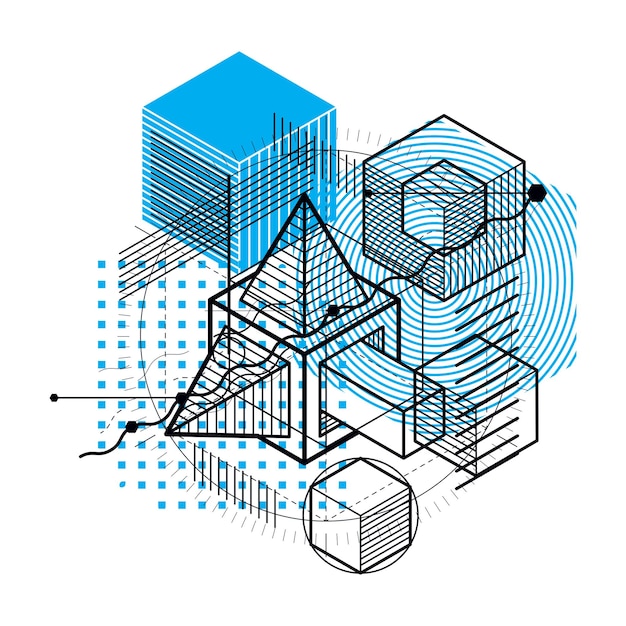 Vektor abstrakter hintergrund mit isometrischen elementen, lineare vektorkunst mit linien und formen. würfel, sechsecke, quadrate, rechtecke und verschiedene abstrakte elemente.