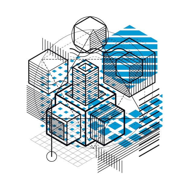 Abstrakter hintergrund mit isometrischen linien, vektorillustration. vorlage aus würfeln, sechsecken, quadraten, rechtecken und verschiedenen abstrakten elementen.