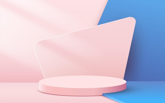 Abstrakter Hintergrund mit kreisförmigem Podium mit Blättern auf Rosa und Blau