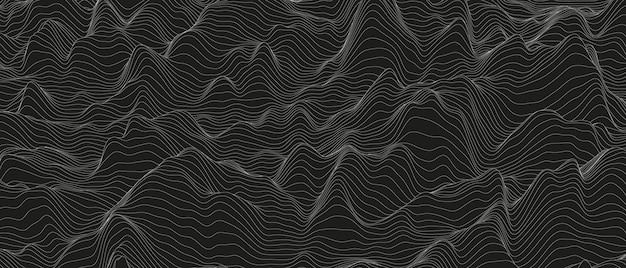 Abstrakter hintergrund mit verzerrten linienformen auf schwarzem hintergrund. monochrome tonlinienwellen.