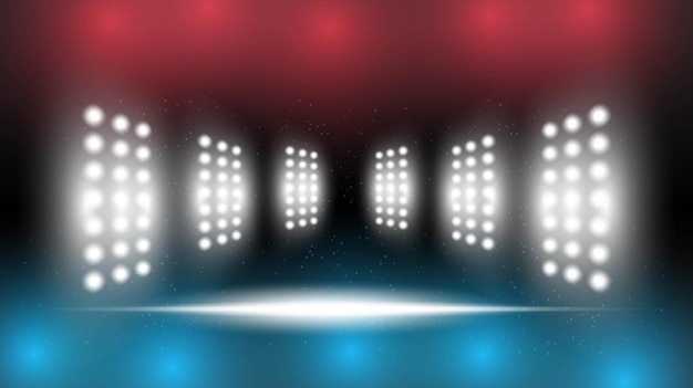 Vektor abstrakter hintergrund, rot-blaue stadion-bühnenhalle mit malerischen lichtern der runden benutzeroberfläche für futuristische technologie. blaue vektorbeleuchtung, leerer bühnenscheinwerfer-hintergrund