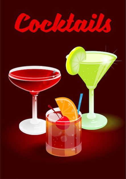 Abstrakter hintergrundplakat der dunklen kirsche mit frischem eis gefrorener alkoholischer cocktails altmodische manhattan-daiquiri-werbung für geschäftsbar-restaurant-party-strandclub moderne illustration