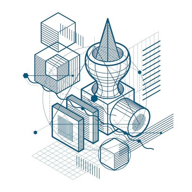 Vektor abstrakter isometrischer hintergrund, 3d-vektorlayout. komposition aus würfeln, sechsecken, quadraten, rechtecken und verschiedenen abstrakten elementen.