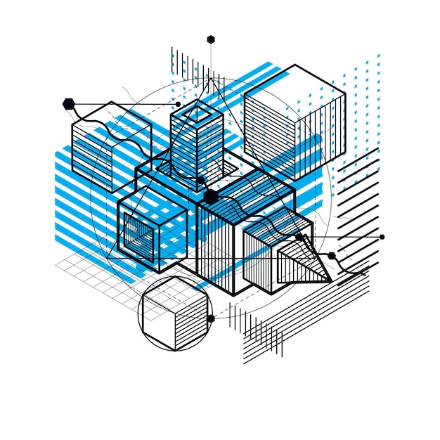 Abstrakter isometrischer Hintergrund, 3D-Vektorlayout. Zusammensetzung aus Würfeln, Sechsecken, Quadraten, Rechtecken und verschiedenen abstrakten Elementen.