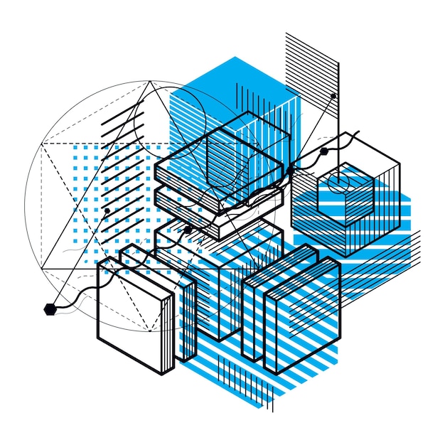 Abstrakter isometrischer Hintergrund, 3D-Vektorlayout. Zusammensetzung aus Würfeln, Sechsecken, Quadraten, Rechtecken und verschiedenen abstrakten Elementen.