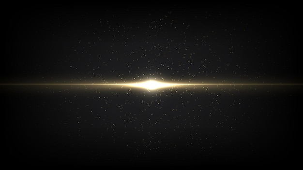 Abstrakter lichteffekt leuchtende spur mit golden leuchtender neonlinie und staub auf schwarzem hintergrund