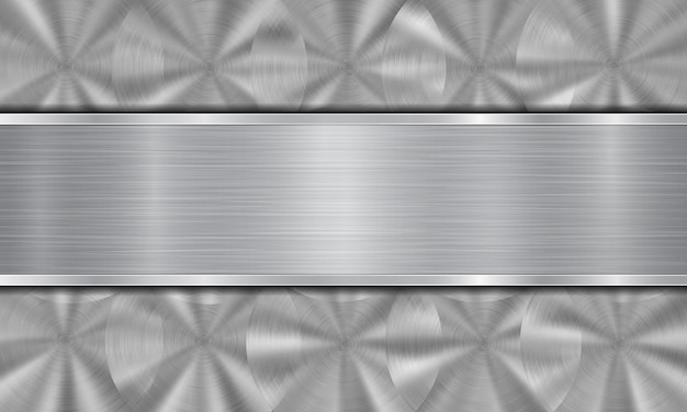 Abstrakter Metallhintergrund in silbernen Farben, bestehend aus einer metallischen Oberfläche mit kreisförmiger gebürsteter Textur und polierter Metallplatte mit glänzenden Kanten