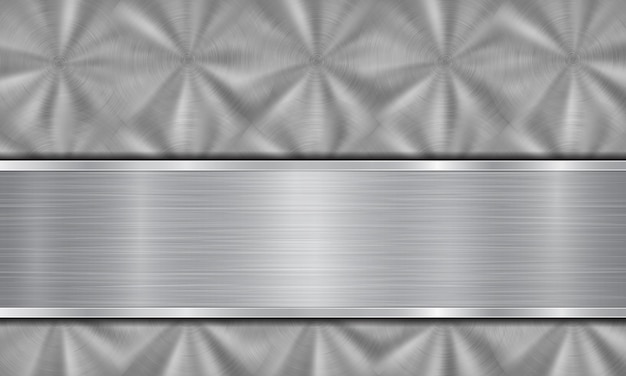 Abstrakter Metallhintergrund in silbernen Farben, bestehend aus einer metallischen Oberfläche mit kreisförmiger gebürsteter Textur und polierter Metallplatte mit glänzenden Kanten