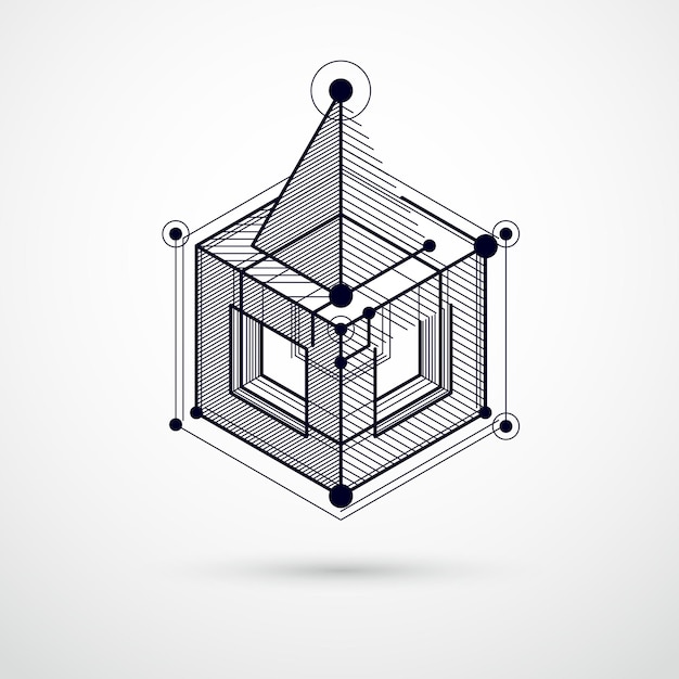 Abstrakter moderner Retro-Schwarzweiss-Hintergrund 3D, geometrische futuristische Formen vector Illustration. Abstraktes Schema des Motors oder technischen Mechanismus.