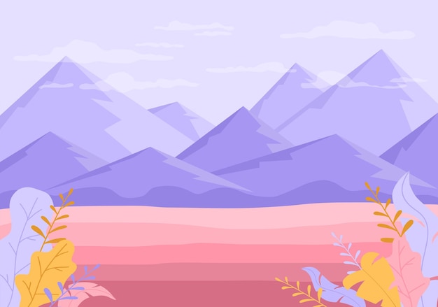 Abstrakter naturhintergrund mit bergen. lila felsen und rosa tal mit pflanzen, illustration.