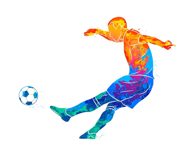 Abstrakter professioneller Fußballspieler, der schnell einen Ball vom Spritzen von Aquarellen schießt. Illustration von Farben
