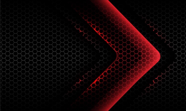 Abstrakter roter Lichtneonpfeil glänzende Richtung auf dunklem Hexagonmaschenhintergrund