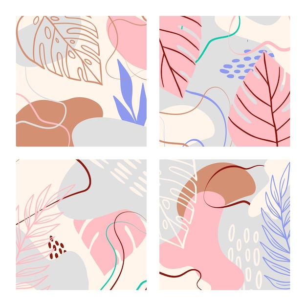 Abstrakter tropischer hintergrund mit geometrischen formen, palmblätter in pastellfarben. blaue, rosa, braune moderne collage für poster. vektor-illustration im trendigen abstrakten design, monstera-blatt