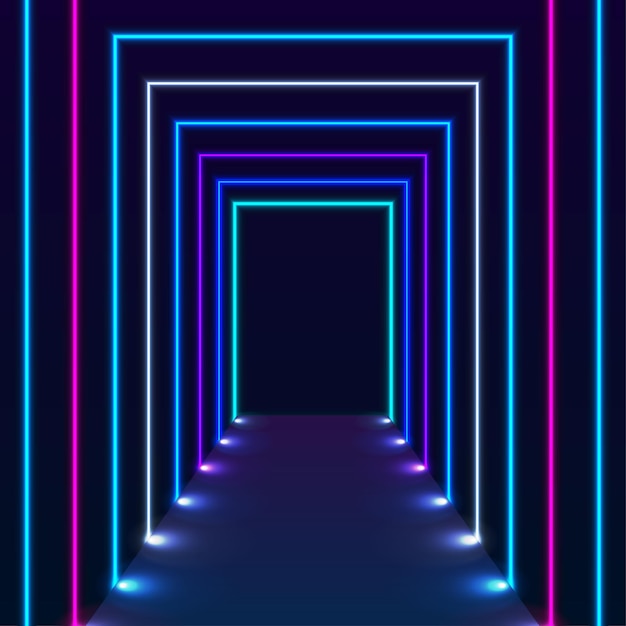 Abstrakter Tunnel mit blau-violetten Neon-Laserlinien Technologiehintergrund