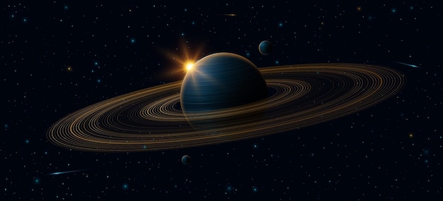 Abstrakter Universum-Hintergrund Konzept des Sonnensystems mit dem Planeten Saturn und der leuchtenden Sonne Sternenhimmel mit fallenden Meteoren Wissenschaftliche Forschungspräsentation Hintergrund Vektor