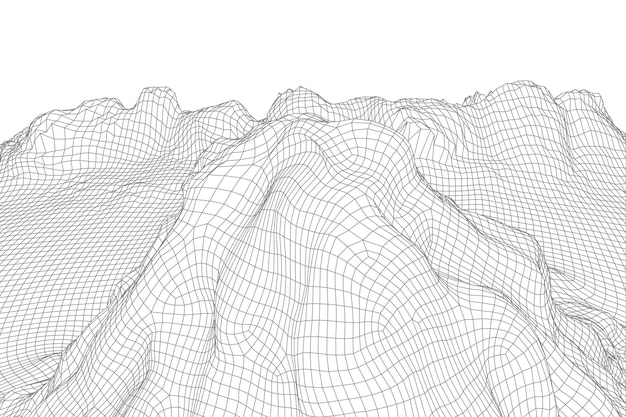 Vektor abstrakter vektor-drahtgitter-landschaftshintergrund 3d-futuristische mesh-berge 80er jahre retro-illustration täler der cyberspace-technologie