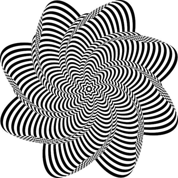Vektor abstrakter verdrehter schwarzer und weißer hintergrund optische täuschung einer verzerrten oberfläche verdrehte streifen radiales muster