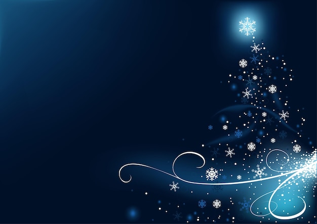 Abstrakter Weihnachtsbaum aus Sternen und Schneeflocken und blauen Lichteffekten und leuchtenden Kurven