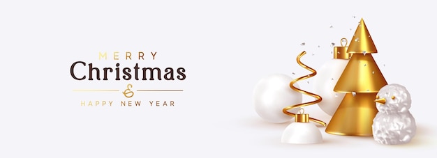 Abstrakter Weihnachtshintergrund mit Elementen des Designs 3d. Scharfe konische goldene Weihnachtsbäume, gewundene Kiefer aus Metall. Schneekugeln, Weihnachtskugel, silbernes Glitzerkonfetti, volumetrischer Schneemann. Frohes neues Jahr