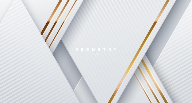 Abstrakter weißer hintergrund mit goldenen glühenden schnüren. vektor-illustration. geometrischer hintergrund mit strukturierten weißbuchschichten. schräge formen. vorlage für geschäftspräsentationen. minimalistische dekoration