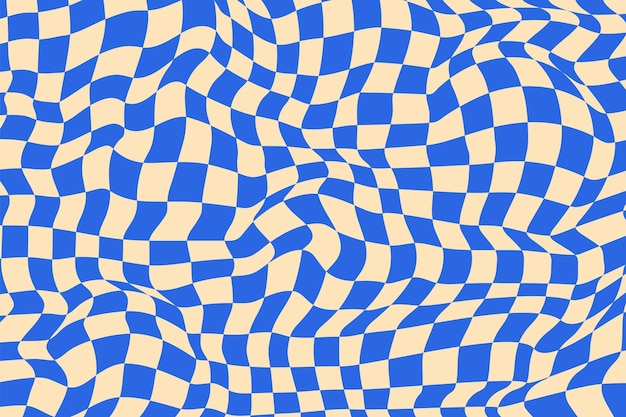 Abstrakter, welliger, psychedelischer Schachbrett-Hintergrund mit retro-blauen und weißen Farben, Trippy-Design