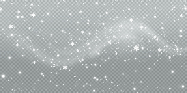 Abstrakter winterhintergrund von schneeflocken, die vom wind auf einem weißen transparenten hintergrund geblasen werden