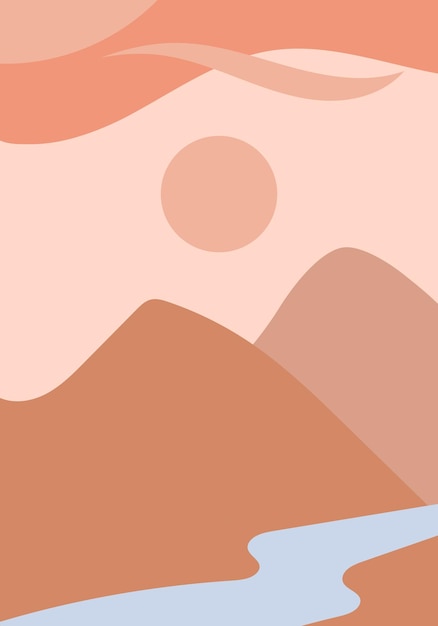 Abstrakter, zeitgenössischer, ästhetischer Hintergrund mit Landschaft, Wüstenbergen, Sonne, Erdtönen, gebranntem Orange, Terrakotta-Farben, Boho-Wanddekoration, moderner, minimalistischer Kunstdruck aus der Mitte des Jahrhunderts. Organische Form