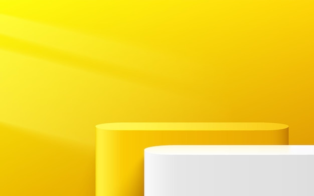 abstraktes 3d gelbes und weißes rundes Eckwürfel-Plattformpodium mit pastellfarbener minimaler Wandszene