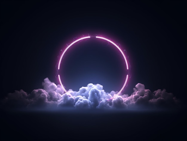 Abstraktes 3D-Glühlicht in der dunklen Wolke mit Neonlichtring am dunklen Nachthimmel Glühender geometrischer abgerundeter Form Illustration Hintergrund