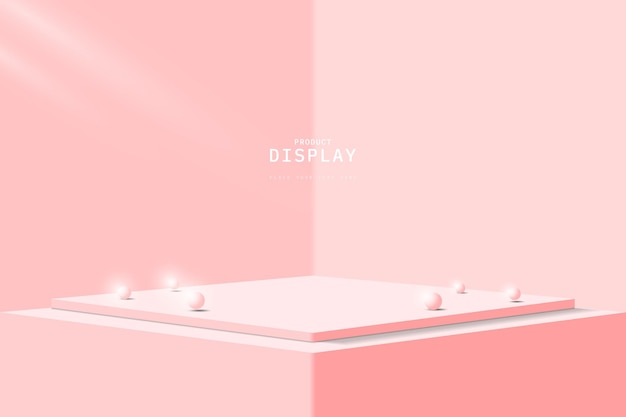 Abstraktes 3D-Pink-Kubus-Podest-Podium realistisch mit leuchtenden Kugeln im Eckhintergrund