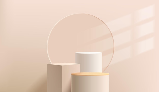 Abstraktes 3D-Zylinderpodest mit beiger geometrischer Würfelplattform Hellbraune minimale Wandszene mit Fensterbeleuchtung Modernes Vektor-Rendering für die Präsentation kosmetischer Produkte