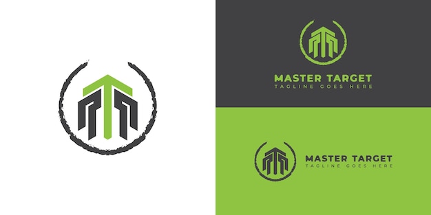 Abstraktes Anfangsbuchstaben MT oder TM-Logo in schwarzer und grüner Farbe, isoliert auf mehreren Hintergründen