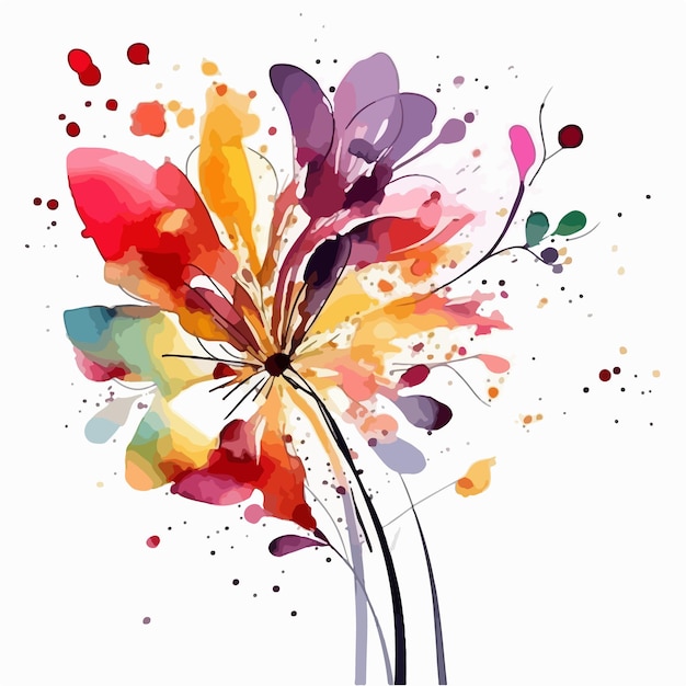 Vektor abstraktes aquarell, bunte blume, weißer hintergrund, flache farben, vektorillustration, digitale kunst