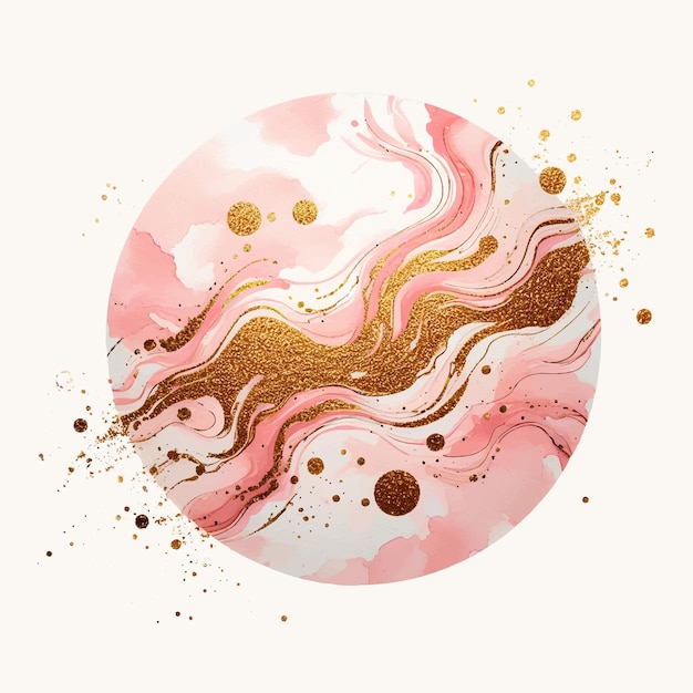 Vektor abstraktes aquarell-splash-abzeichen mit blau-rosa-goldem glitzer