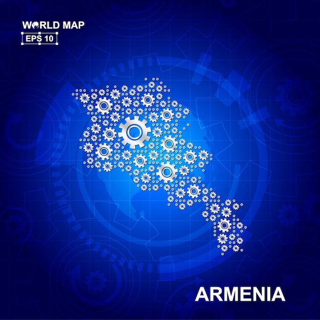 Abstraktes armenien-kartendesign mit getriebe-zahnrädern und getriebe-icon-konzept
