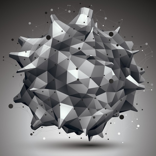 Abstraktes asymmetrisches monochromes Vektorobjekt mit schwarzem Liniennetz, komplizierter geometrischer Form.