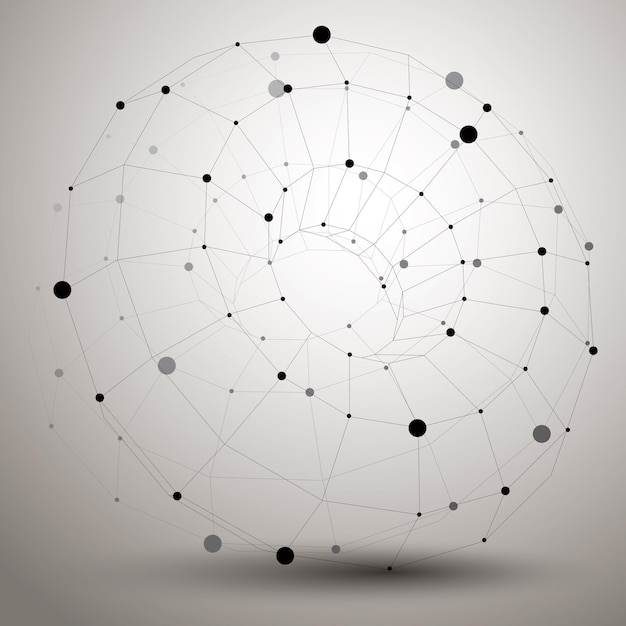 Abstraktes asymmetrisches monochromes Vektorobjekt mit schwarzem Liniennetz, komplizierter geometrischer Form.