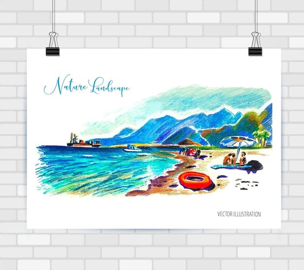 Abstraktes bild eines landschaftsbildes mit meer und bergen mit handgezeichnetem poster te der strandillustration