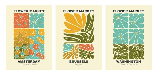 Abstraktes botanisches plakatset, blumen und zweige. moderner stil. blumenmarkt-poster-konzept