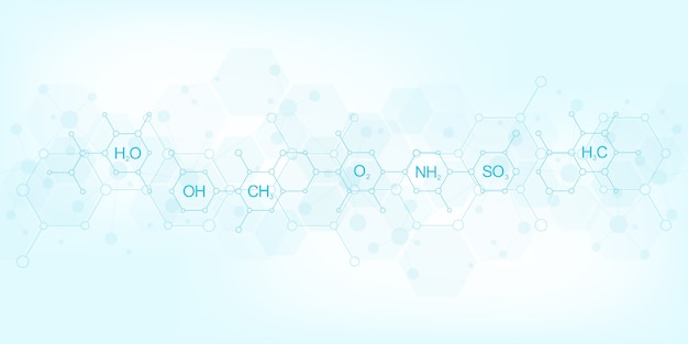 Abstraktes chemisches muster auf dunkelblauem hintergrund mit chemischen formeln und molekularen strukturen. wissenschafts- und innovationstechnologiekonzept.