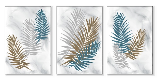 Abstraktes dekoratives hintergrundplakat mit palmzweigen und blättern im boho-stil auf einem marmor
