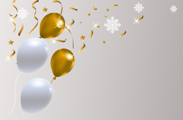 Abstraktes Design kreatives Konzept Feier des Winterschlussverkaufs Weiße und goldene Luftballons Glitter Konfetti Schnee-Symbol auf Abstufung Hintergrund Kopieren Sie Platz Text Weitbereich Vektor 3D-Illustration